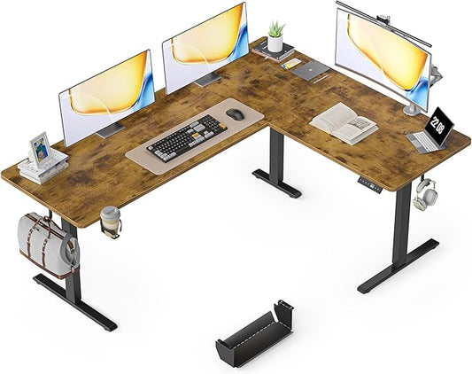 75X61 Inches Reversible L Shaped Standing Desk Height Adjustable, Electric Corner Computer Desk with Cup Holder, Sit Stand up Home Office Desk, Ergonomic Gaming Desk, Rustic Brown