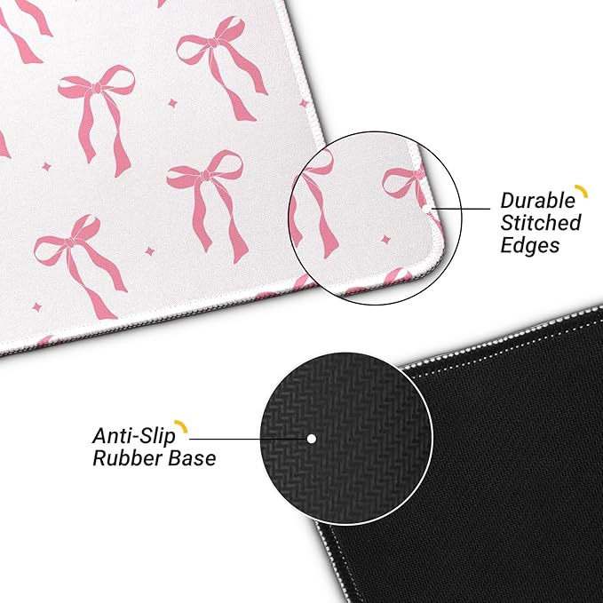 Large Computer Mouse Pad with Non-Slip Base for Desktop, Cute Gaming Mouse Mat with Stitched Edges, Long Extended Anime Mousepad for Laptop, 31.5 x 11.8 inches (Pink Ribbon Bow)
