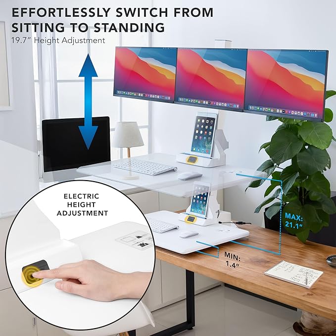 Mount-It! Triple Monitor Electric Standing Desk Converter - 3 Monitor Standing Desk is Height Adjustable, Sit-Stand Converting Desk for Home, Office Monitor Mounts Fits Screens up to 32" White