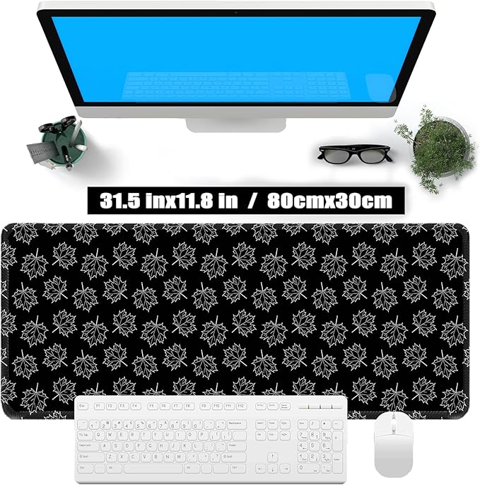 Maple Leafs Pattern Mouse Pad Large 31.5 x 11.8in Black Topographic Laptop Keyboard Mousepad for Non-Slip Base and Stitched Edge, XL Extended Desk Mat