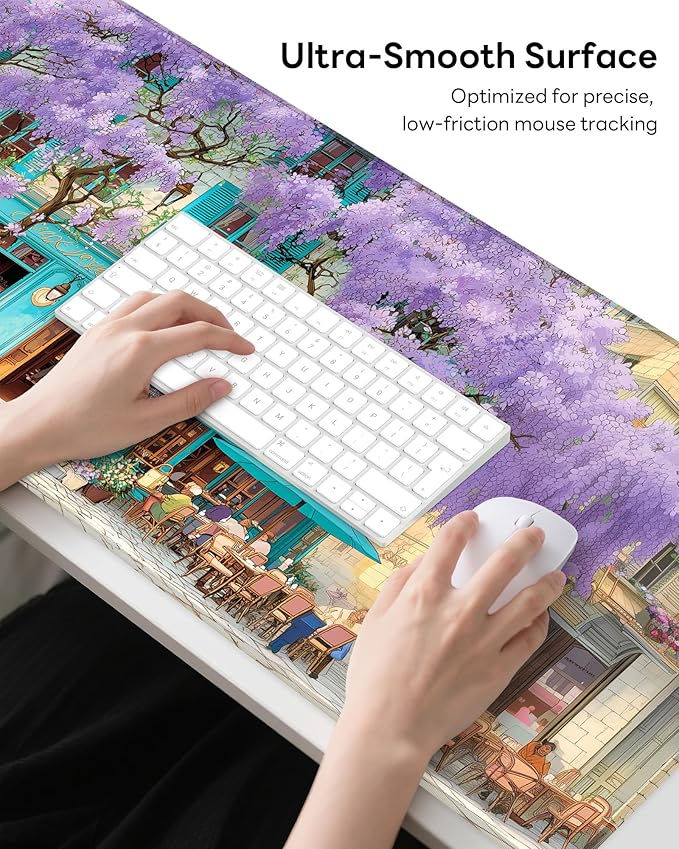 XL Gaming Mouse Pad, 31.5x15.7'' Large Desk Mat with Anti-Slip Rubber Base & Stitched Edges for Gaming, Office, Home, Wisteria Cafe
