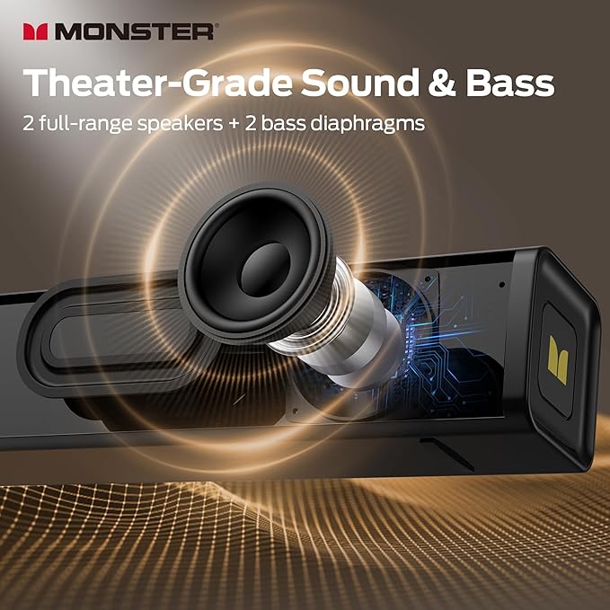 Monster S220 Computer Speakers for Desktop PC, 2.0 Channel PC Speakers with Dual Bass Diaphragm, Bluetooth 6.0 & 3.5mm Aux-in PC Soundbar, Compact Computer Sound Bar for Desktop/Laptop/Monitor/Tablet