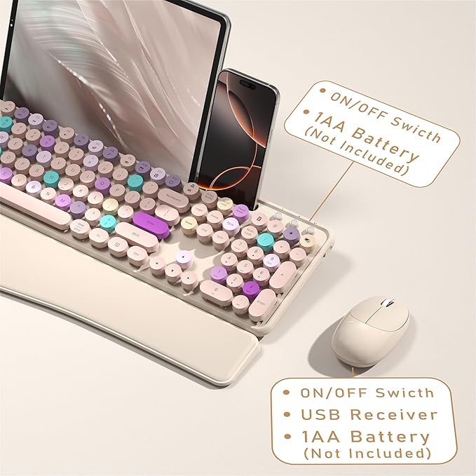 Colorful Wireless Computer Keyboard and Mouse Combo with Phone Holder, Wrist Rest, Typewriter Keys, 2.4GHz Wireless, Full-Sized Optical Mouse for PC and Laptop (Khaki)