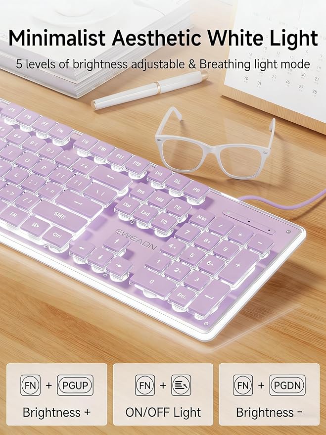 EWEADN GX710S Backlit Computer Keyboards, Wired USB Keyboard with White Backlit, Metal Panel, Plug and Play, Pudding Keycaps Full Size Quite Computer Keyboard for Win/PC/Laptop-Purple