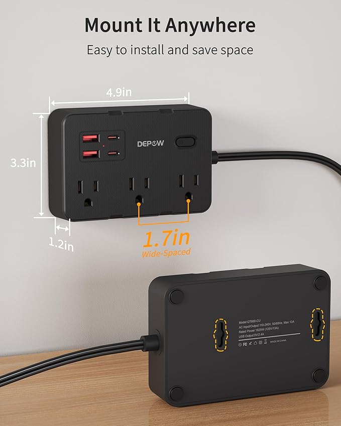 2 Prong to 3 Prong Adapter Power Strip, 5FT Black Extension Cord with 6 Outlets & 4 USB Ports (2 USB-C), 1050J Two Prong Surge Protector, Wall Mount - Ideal for Old Houses