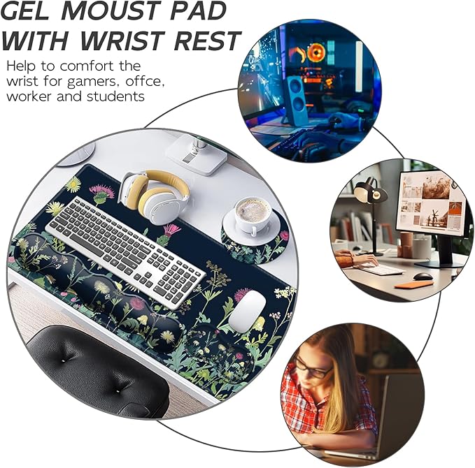 Gaming Mouse Pad Set, Wildflowers Illustration Large Desk Mat Mousepad, Keyboard Wrist Support, Mouse Wrist Rest, Coaster 4in1 Ergonomic Memory Foam, Non-Slip Stitched Edge for Home Office