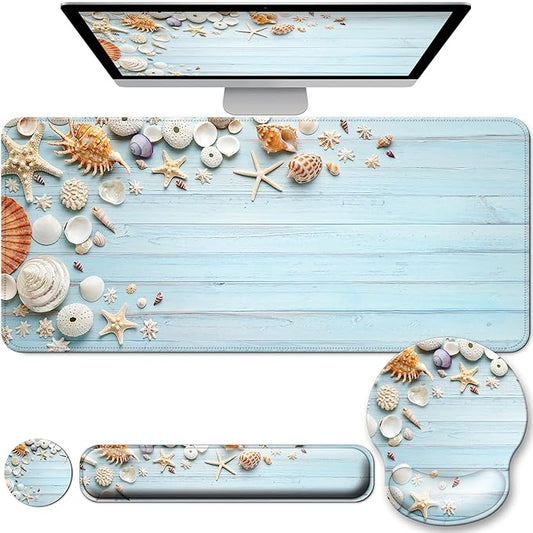 Desk Mat Set + Keyboard and Mouse Pad with Wrist Rest Support,4-in-1 Large Mousepad Computer Mats for Desktop Home & Office-Blue Shells