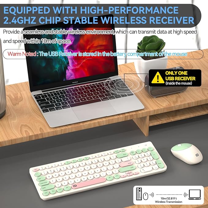 Wireless Keyboards Mouse Combos, Colorful Quiet Keyboard Cute Typewriter Full-Size Retro Round Keycaps, 2.4GHz Sleep Mode Office Wireless Keyboard and Mouse Set for Desktop Laptop PC Computer