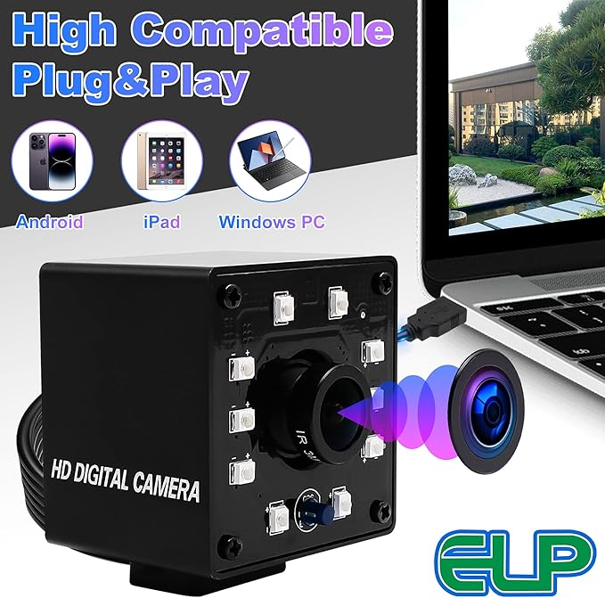 ELP 1080P Day Night Vision USB Camera IR Infrared Webcam for Computer, Laptop, Mac, Android - High Speed HD PC Camera with 3.6mm Lens, 100fps, 60fps, 30fps
