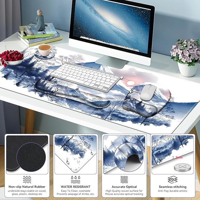 4 in 1 Large Mouse Pad, Keyboard Wrist Rest Set, Ergonomic Mouse Pad with Wrist Support, Desk Mat with Stitched Edges Extended Desk Pad Waterproof Desk Mat for Home Office Game I Snowy Mountain Sun