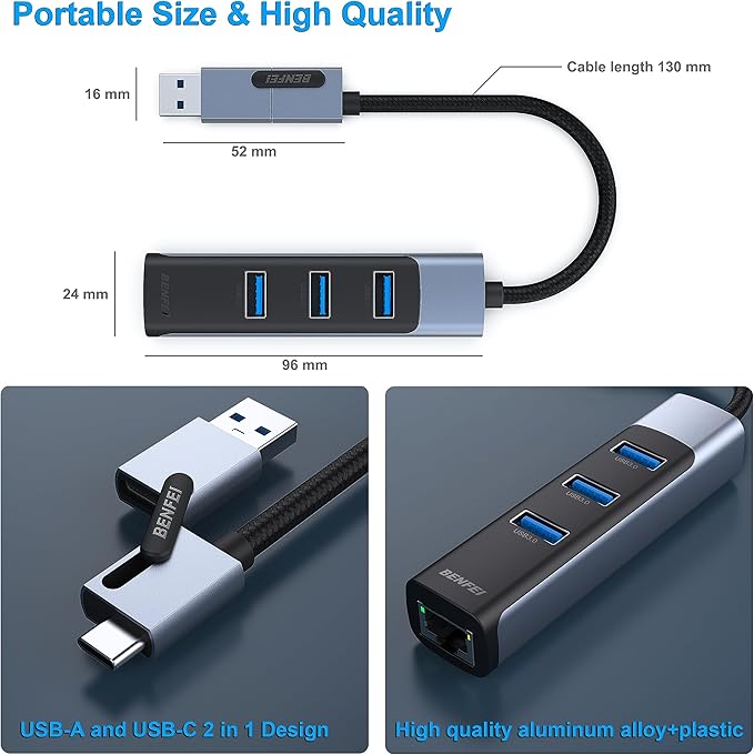 BENFEI 4in1 USB-C/USB 3.0 to Ethernet Adapter with 3*USB 3.0 Ports Compatible for iPhone 15 Series, MacBook Pro/Air 2023/2022/2021/2020/2019 and More