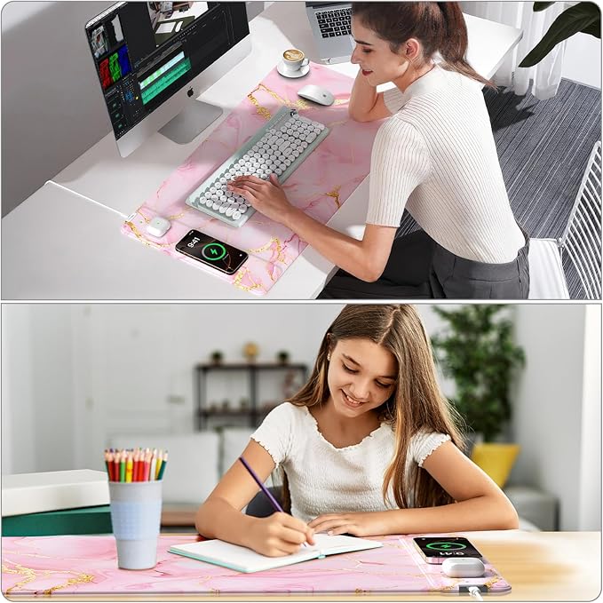 Pink Marble Mouse Pad with 15W Wireless Charging, 31.5"x15.8" Large Gaming Desk Pad/Mat for Women Girls, Waterproof Ultra-Smooth Surface, Non-Slip Base