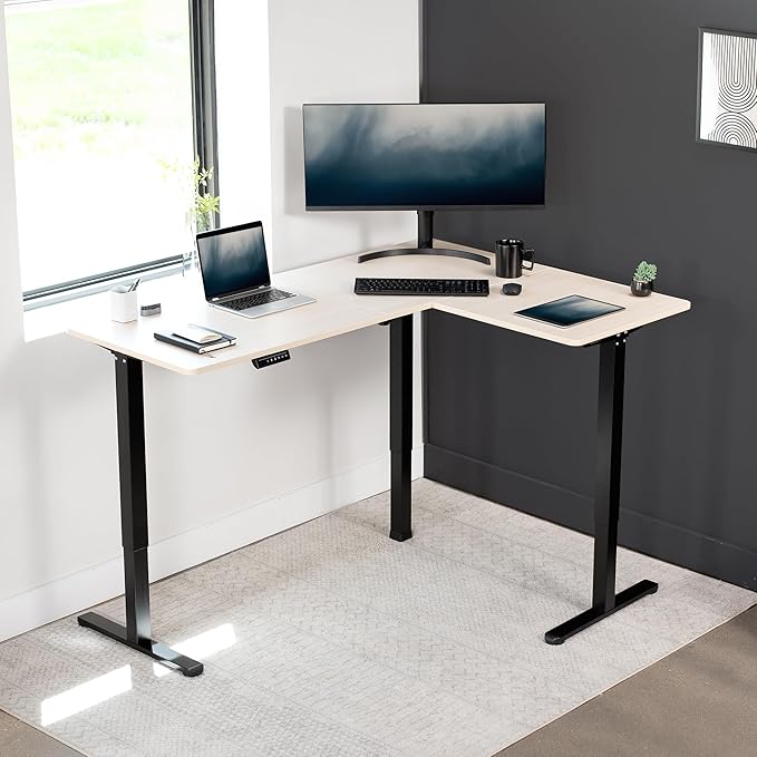 VIVO Corner Standing Desk, 63 x 47 inch Reversible L-Shaped Workstation, Electric Height Adjustment, Home, Office, and Reception Rooms, Light Wood Table Top Black Frame, DESK-E3CTC-47