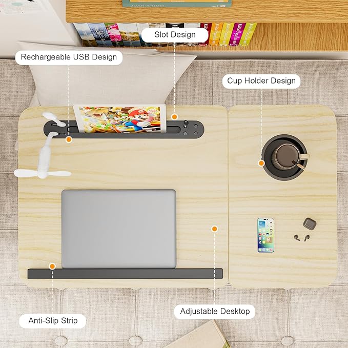 Laptop Desk for Bed, Adjustable Laptop Stand with 5 Different Angles, Portable Lap Tray Table with USB Charge Port and Cup Holder, Laptop Bed Desk Tray for Eating Working Writing (Yellow)