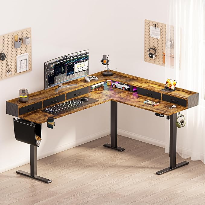 75 Inches Height Adjustable L Shaped Standing Desk with 5 Drawers and Monitor Shelf, Electric Sit to Stand Home Office Comupter Table, Ergonomic Corner Gaming Desk, Rustic Brown