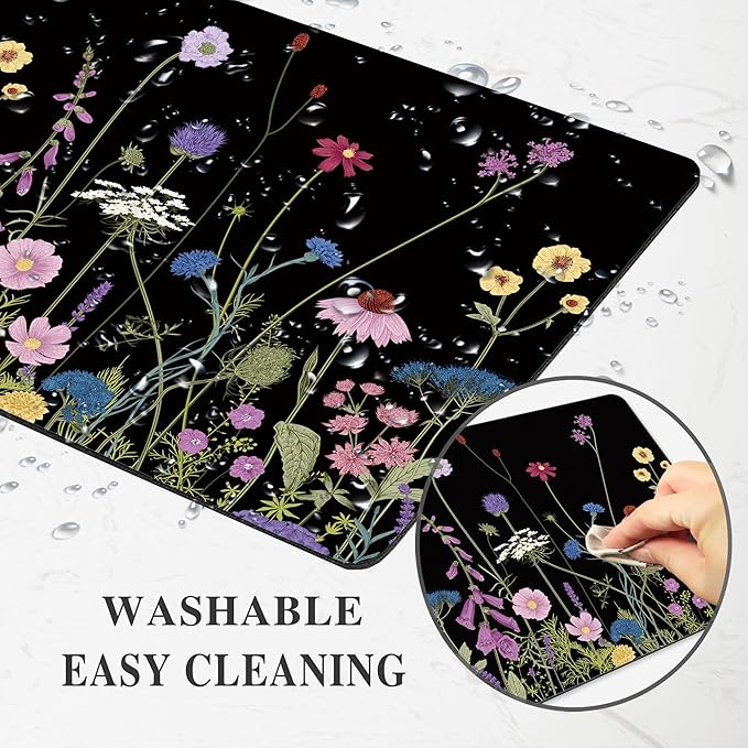 Black Floral Mouse Pad Flower Mousepad Purple Colorful Aesthetic Cute Desk Rectangular Laptop Women Girl Computer Office Small Non-Slip Wireless Mat Washable Decor Accessories Travel Gaming Supplies
