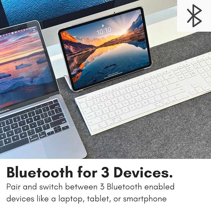 Macally Wireless Bluetooth Keyboard for Mac - Compatible Apple Keyboard or MacBook Pro/Air, iMac - Multi-Device, Up to 3 Devices with 110 Keys, 20 Shortcuts, Numeric Keypad, and Rechargeable - White