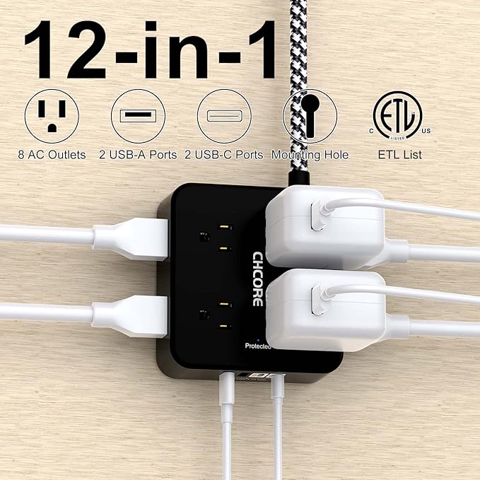 Surge Protector Power Strip - CHCORE 10Ft Braided Extension Cord with 8 Outlets with 4 USB (2 USB C) Charging Ports, Flat Plug Multi Plug Outlet Extender Charging Station for Home Office, ETL, Black