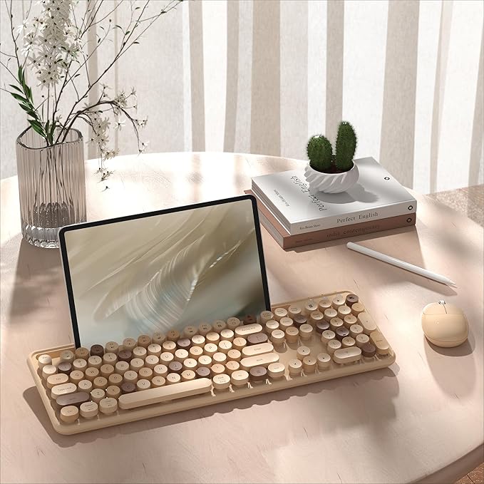 Colorful Wireless Computer Keyboard and Mouse Combo with Phone Holder, Wrist Rest, Typewriter Keys, 2.4GHz Wireless, Full-Sized Optical Mouse for PC and Laptop (Milk Tea)