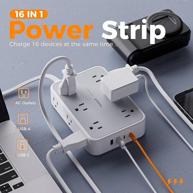 TESSAN Surge Protector Power Strip, 10FT Flat Extension Cord with Multiple Outlets, 12 Outlet Extender with 4 USB (2 USB-C), Flat Plug Power Strip, 1800J Surge Protection, Office, Dorm Essentials