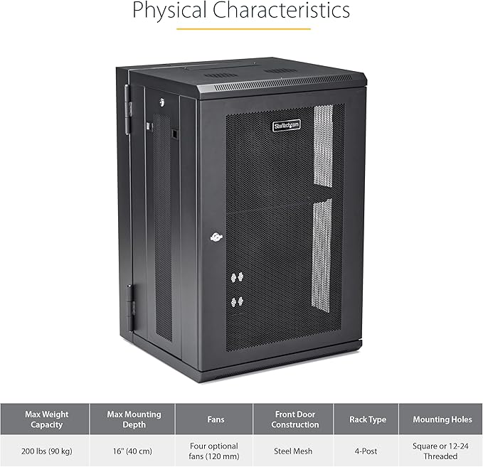 StarTech 4-Post 18U Wall Mount Network Cabinet w/ 1U Shelf, 19" Wall-Mounted Server Rack Kit for IT / Data Computer Equipment, Ships Fully Assembled