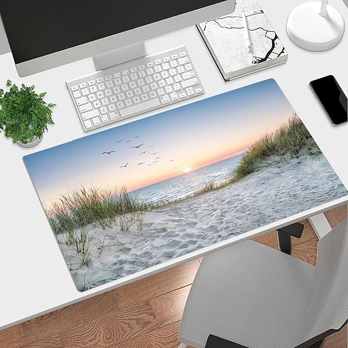 EOBTAIN Large Beach Mouse Pad Coastal Sunset Desk Mat for Keyboard and Mouses Nature Landscape Ocean Sea Desktop Accessories for Office Smooth Non Slip Rubber Gaming Mousepads,31.5x15.7 Inch