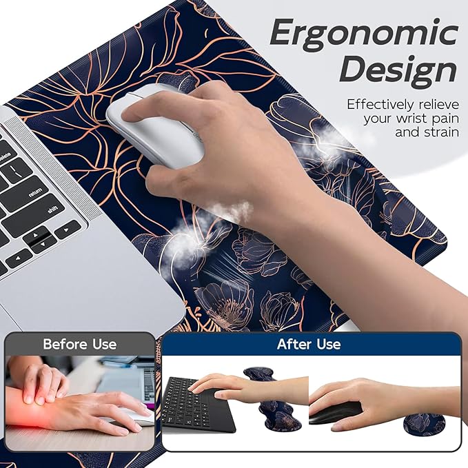 Gaming Mouse Pad Set, Swirl red Roses Large Desk Mat Mousepad, Keyboard Wrist Support, Mouse Wrist Rest, Coaster 4in1 Ergonomic Memory Foam, Non-Slip Stitched Edge for Home Office
