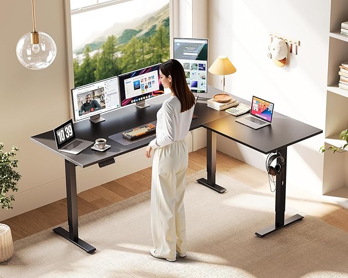 Casaottima 63 Inch Reversible L Shaped Electric Standing Desk, Ergonomic Height Adjustable Desk, Large Lift Corner Stand up Table for Workstation, Home Office, Reception Room, Black
