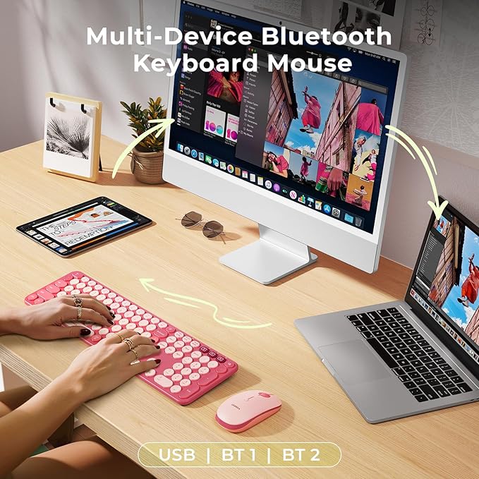 seenda Wireless Bluetooth Keyboard and Mouse Combo, COE202 Retro Cute Round Keycaps, 3 Multi-Device Connection, Full Size Keyboard Compatible for PC/Laptop/Mac/MacBook/iPad/Tablet, Pink
