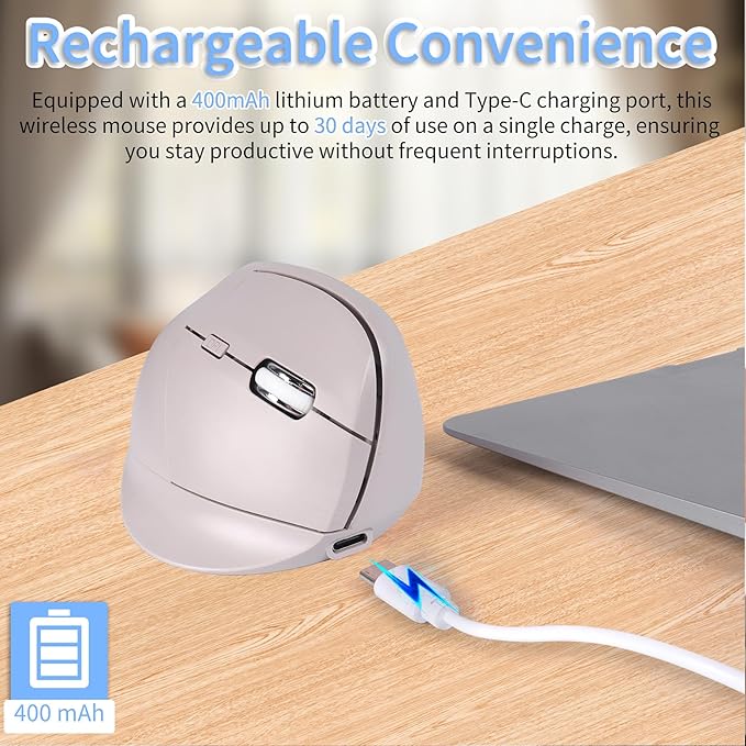 Bluetooth Wireless Vertical Mouse - Ergonomic Design, Rechargeable with Type-C, Silent Operation for Office and Home Use, Ideal for Professionals & Students (Gray)