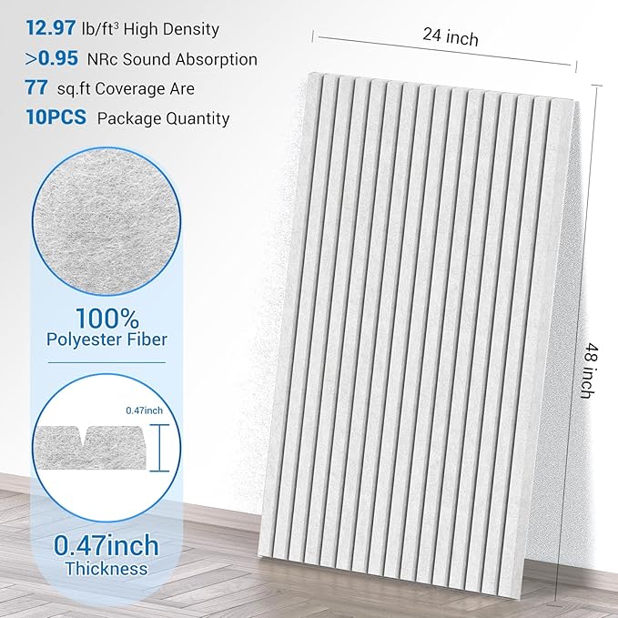 10 Pack Acoustic Panels,48"*24"*0.47"Self-Adhesive Soundproof Wall Panels,High Density Sound Proof Panels for Walls, Office, Reccording Studio, Home,Ceiling-White