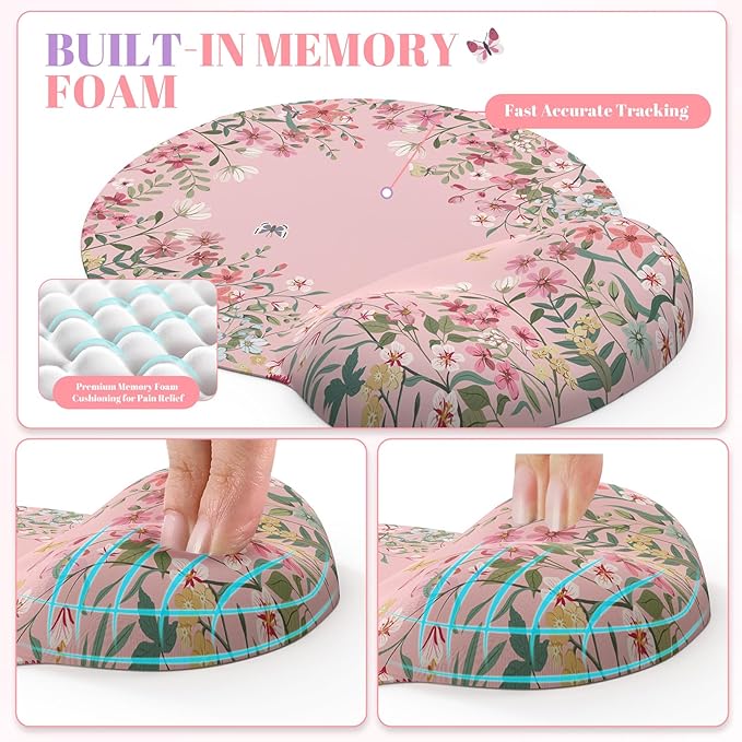 iCasso Desk Mat Set,Large Mouse Pad with Wrist Rest,Ergonomic Keyboard Wrist Support for Women,Girly Floral Computer Mat with Scalloped Edges,Non-Slip Desk Pad Home Office Gaming (Pink)