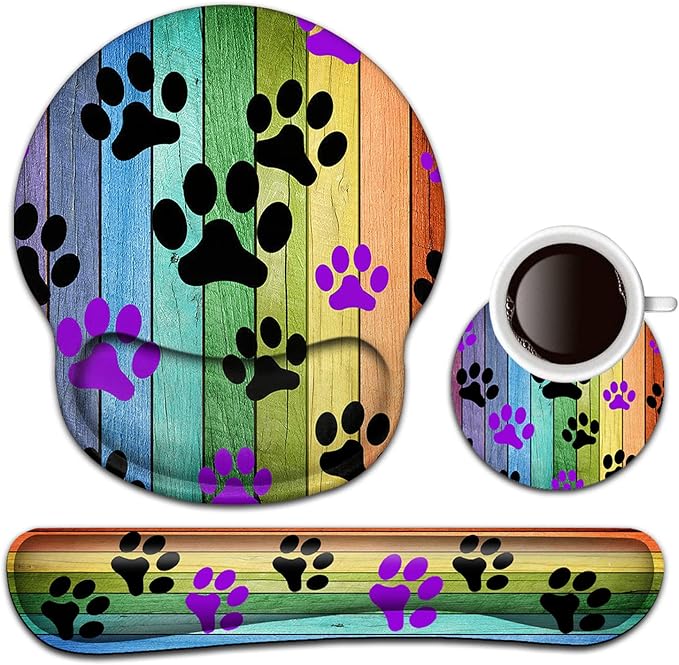 Keyboard Wrist Rest and Mouse Pad with Wrist Support, Ergonomic Gel Mouse Pad Coaster,Easy Typing Pain Relief, Memory Foam Keyboard Mousepad Set,Rainbow Woodgrain Black and Purple Dog Paw