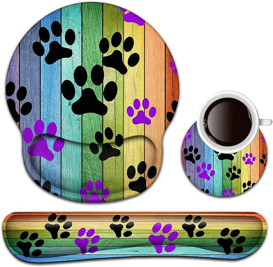 Keyboard Wrist Rest and Mouse Pad with Wrist Support, Ergonomic Gel Mouse Pad Coaster,Easy Typing Pain Relief, Memory Foam Keyboard Mousepad Set,Rainbow Woodgrain Black and Purple Dog Paw