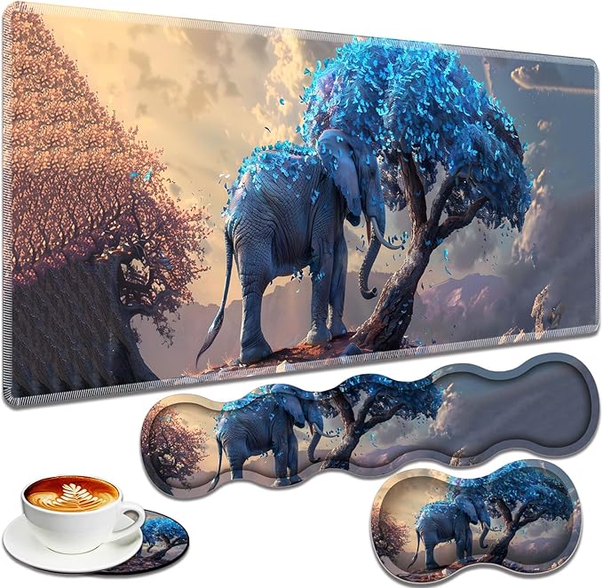 Large Gaming Mouse Pad + Keyboard Wrist Rest + Wrist Support + Coaster Set, Memory Foam Ergonomic for Easy Typing, XXL Extended Gaming Mouse Pad Table Pad - Blue Leaves and Elephants