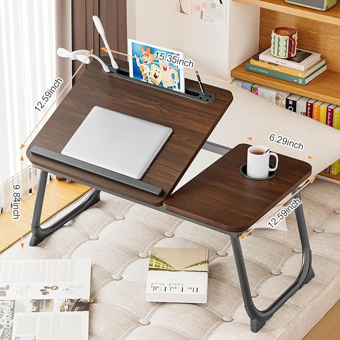 Laptop Desk for Bed, Adjustable Laptop Stand with 5 Different Angles, Portable Lap Tray Table with USB Charge Port and Cup Holder, Laptop Bed Desk Tray for Eating Working Writing (Brown)