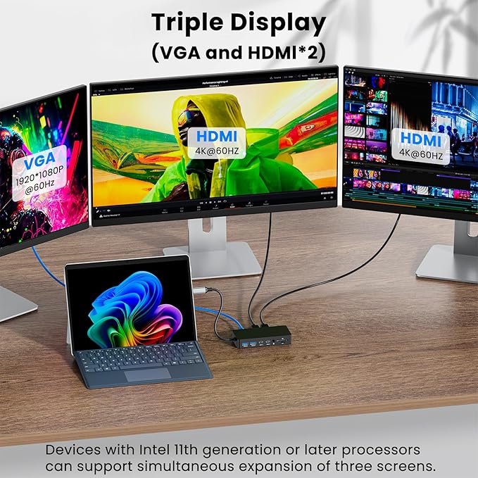Surface Thunderbolt 4 Dock Triple Displays 4K HDMI*2+VGA, 12 in 1 Surface Pro Docking Station with 100W Power Adapter for Microsoft Surface Pro 12/11/10/9/8/X/7+/7,Laptop 7/6/5/4/3,Laptop Go,Studio