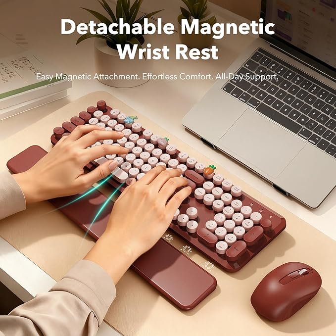 Wireless Keyboard and Mouse Combo, Wine Red Retro Typewriter Style Keyboard with Round Keycaps and Magnetic Wrist Rest, 2.4GHz Wireless for Mac, Windows PC, Laptop, Home Office, School, SABLUTE CK23