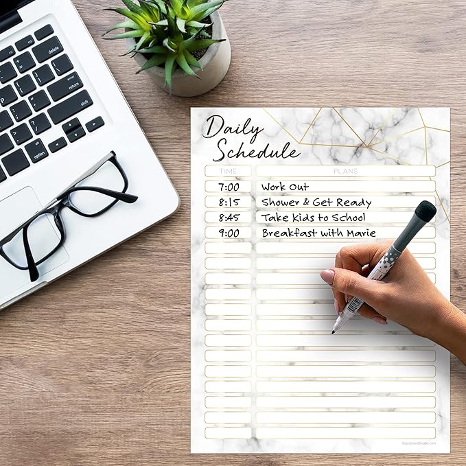 Dry Erase Daily Schedule Planner Sticker Decal by Glassboard Studio | Removable & Reusable | Magnetic Fine-Tip Marker Included (9 x 12 inches, Marble)