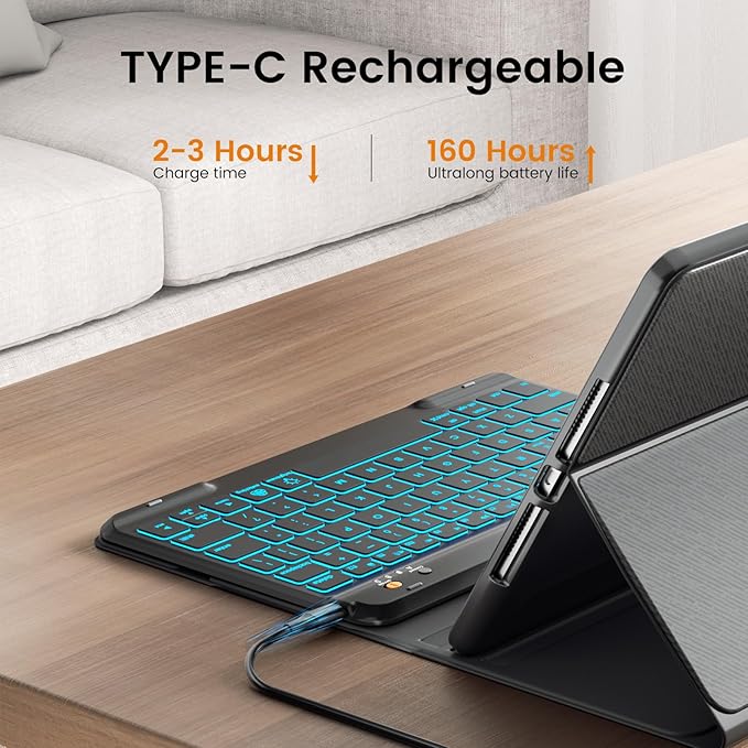 OYEEICE for iPad 11th (A16) &10th Generation Case with Keyboard - 7 Color Backlit Wireless Detachable Folio Keyboard Cover with Pencil Holder for iPad 11 inch A16 2025 10th Gen 10.9'' 2022 - Black