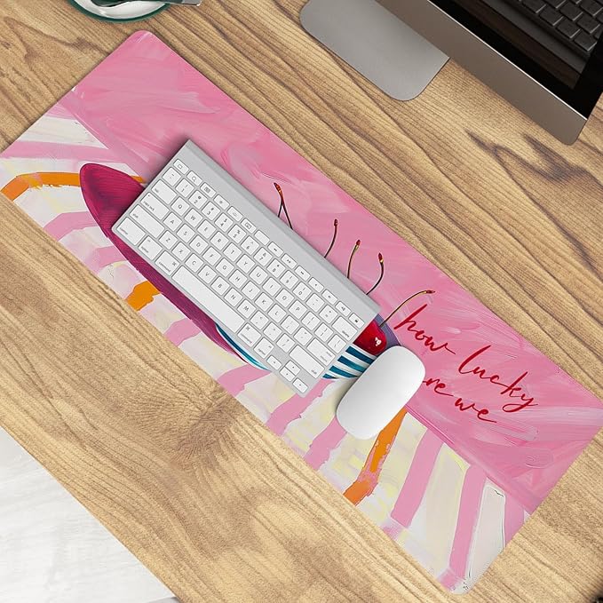 Pink Cherry Mouse Pads,Fun Girly Offices Decor Desk Mat,Pink Preppy Desk Mat,How Luck XL Large Mouse Pad,Fun Office Accessories Decor for Women Home Office Dorm 31.5x11.8Inch
