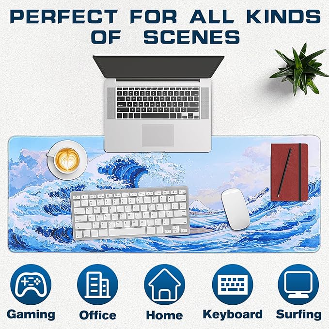 Mouse Pad Gaming - Desk Mat for Keyboard and Mouse - Kanagawa Cartoon Large Mouse Pads for Desk, Japanese Wave Gaming Mousepad (31.5" X 11.8") with Non-Slip Base for Game, Office and Home