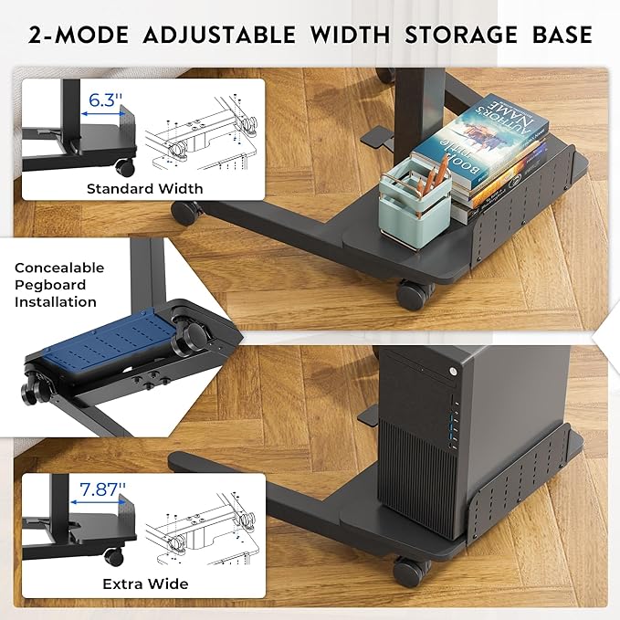 BONTEC Mobile Standing Desk Adjustable Height, Rolling Laptop Cart with Storage Shelf, Hooks, Portable Workstation with Pneumatic Lift, Ergonomic Compact Home Office Desk, Black 23.6" x 20.5"