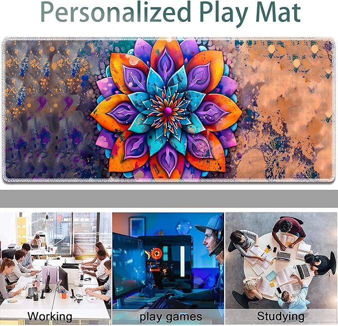 Large Gaming Mouse Pad + Keyboard Wrist Rest + Wrist Support + Coaster Set, Memory Foam Ergonomic for Easy Typing, XXL Extended Gaming Mouse Pad Table Pad - Mandala Flower