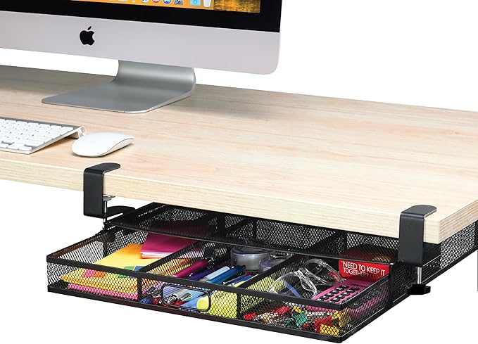 Under Desk Drawer Organizer Clamp-On, Mesh Metal Attachment, 1 Drawer Slide Out, On or Under Desk Organizer for Office Supplies & Home Essentials