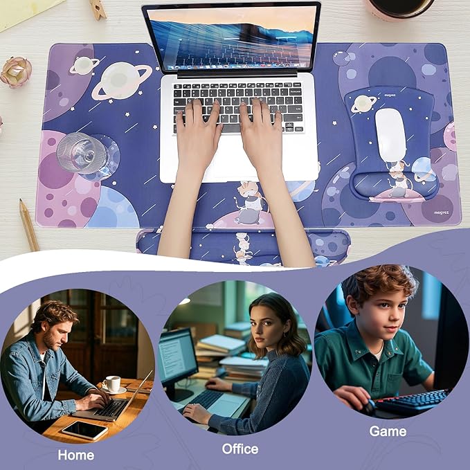 MEGREZ 4-in-1 Ergonomic Memory Foam Wrist Rest Set, Desk Pad, Mouse Pad with Wrist Rest, Keyboard Pad, Suitable for Office Workers, Programmers & Gamers–Relieve Typing & Gaming Fatigue, Cat Planet