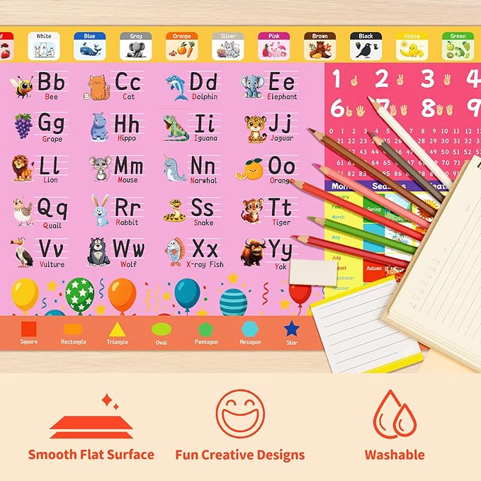 Kid's Desk Mat Cute Early Education Leather Desk Mat, Kawaii Pink Toddler Letter Digital Waterproof Desk Writing Pad, Large Keyboard and Mouse Mat for Classrooml/Kindergarten(35.4" X 15.7")