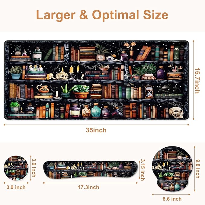 Forest Library Books Mouse Pad, XXL Large Desk Mat Extended Nature Aesthetic Deskpad, 4 PCS Non-Slip Rubber Base Computer Mouse Pads for Work, Game, Office, Home Decor Gift I Magic Plants Bottles
