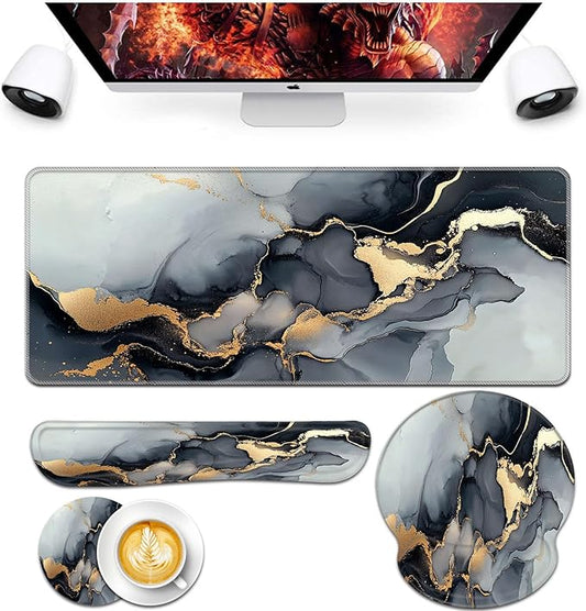 Keyboard Wrist Rest and Mouse Pad Wrist Support Set,Ergonomic Memory Foam Wrist Pad & Non Slip Base for Home Office Working Studying Easy Typing,Pain Relief(Black Gold Marble)