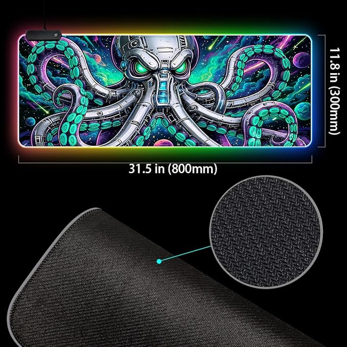 Cyberpunk Mechanical Octopus RGB Gaming Mouse Pad – 31.5"x11.8" XL LED Desk Mat with Neon Space Kraken Design, Upgraded Type-C Powered for PC & Laptop Setup